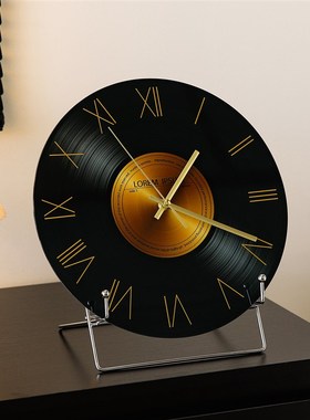 中古风黑胶唱片座钟桌面时钟摆件意式极简高级感客厅电视柜装饰品
