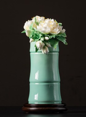 夫己纯手工陶瓷《虚谷长馨》之牡丹姚黄卧室客厅玄关餐厅摆件