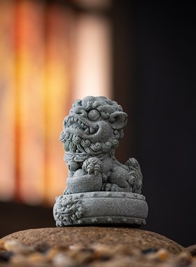 国潮风青砂石鼓上狮摆件创意家居客厅办公室桌面装饰礼品鱼缸造景
