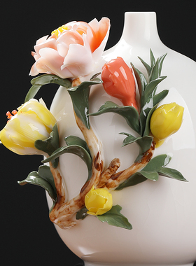 东方泥土《花开富贵》陶瓷手工花瓶摆件客厅卧室博古架柜台装饰品