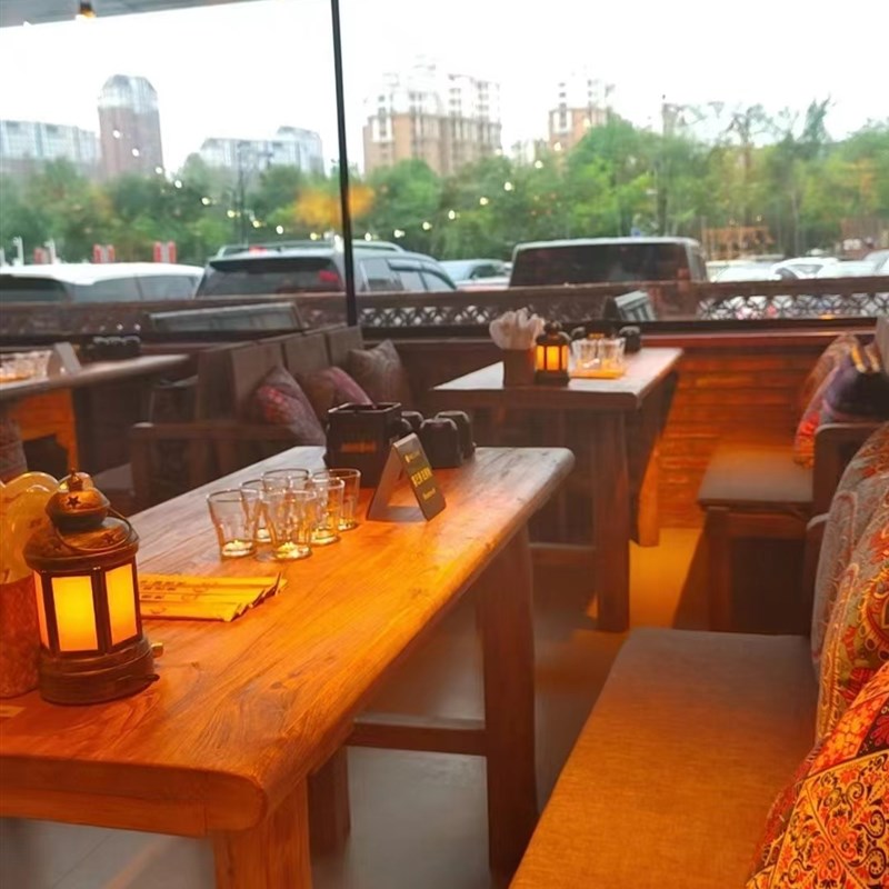 民谣集桌椅实木卡座沙发椅子老榆木酒吧桌子漫咖啡长方形 - 图0