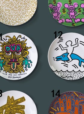 凯斯哈林Keith Haring涂鸦绘画装饰盘酒柜摆件欧美街头文化卡通人