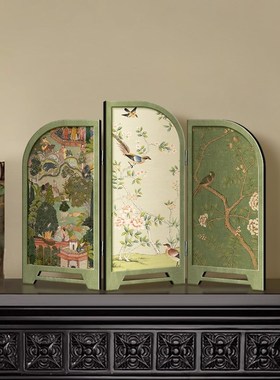 屏风摆件中古风花鸟复古高级感客厅入户玄关柜摆台画电视柜装饰画