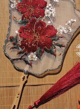 木槿花古风刺绣团扇单面绣花扇子新娘结婚喜扇仿古宫廷道具婚扇