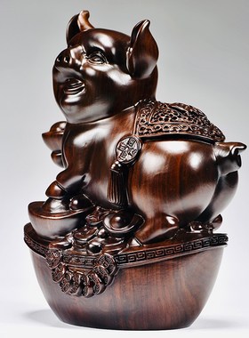 猪摆件黑檀实木雕刻十二生肖猪吉祥物房屋缺角补角化解木质工艺品