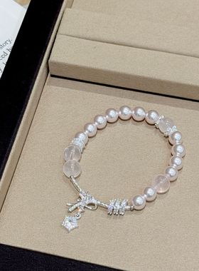 珍珠拼接天然粉晶蝴蝶结手链小众