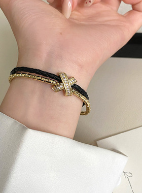 双层皮绳X字母手链时尚冷淡风
