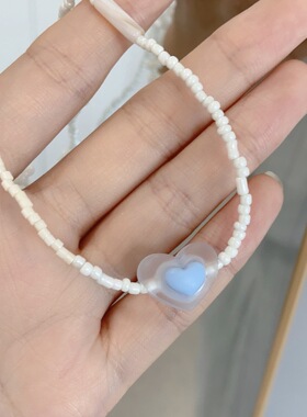 甜美小清新蓝色爱心锁骨链ins