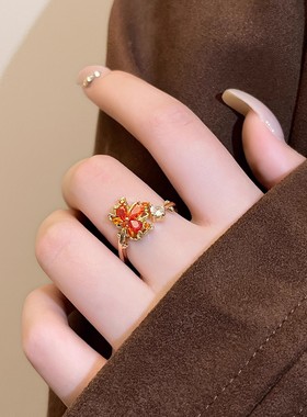 法式红色枫叶锆石开口戒指女气质