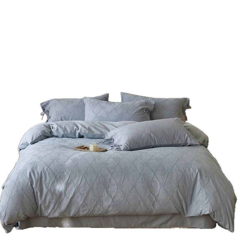 A类秋冬加厚全棉磨毛四件套浮雕提花纯棉被套床笠床上用品蓝紫色 - 图3