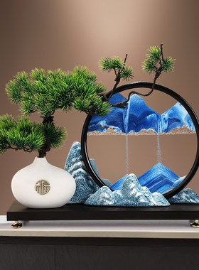 迎客松流沙画摆件办公室装饰品中式客厅玄关电视柜茶室桌面工艺品