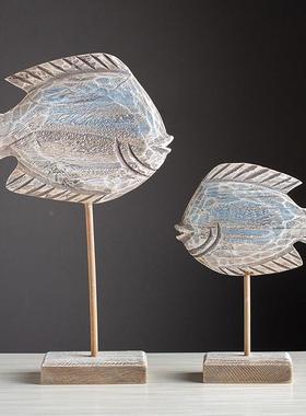 海洋风格实木手雕刻鱼件地面中摆海桌工摆设样板房软装电视HVH柜