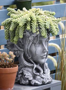 欧花园摆装饰庭院阳式台布置创意神多肉花盆维纳斯雕塑人头女RWT0