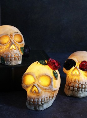 万圣节骷髅头灯 鬼节树脂骷髅头摆件LED电子蜡烛灯装饰道具南瓜灯