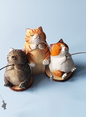 爆款小猫钓鱼木雕纯手工雕刻桌面摆件 实木小胖猫 创意手作肥猫