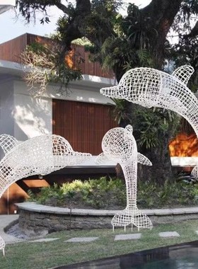 不锈钢铁艺镂空鲸鱼海豚雕塑酒店大堂展厅会所空中吊装艺术品海洋