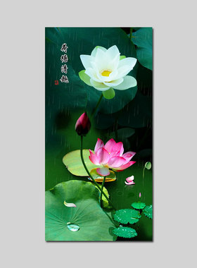 荷花鲤鱼图装饰画自粘墙贴锦鲤山水风景图案莲花玄关画定制