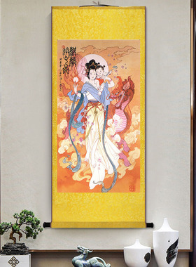 麒麟送子图 祈子挂画 卧室客厅装饰壁画 麒麟求子结缘卷轴画像