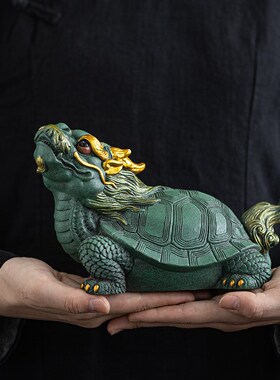 国潮精品青砂石福寿龟动物招财摆件创意办公室客厅玄关桌面装饰品
