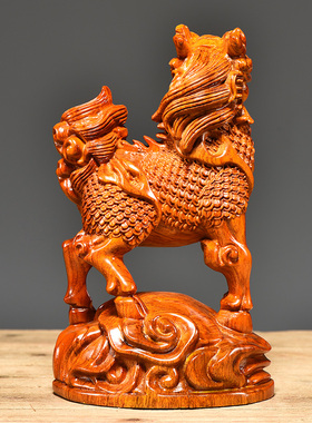 花梨木雕刻麒麟摆件实木质家居一对客厅桌面装饰品摆设红木工艺品