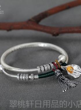 正品流银手镯女99银复风古实纯心苏古法宫铃吊坠民族古风推拉拢银