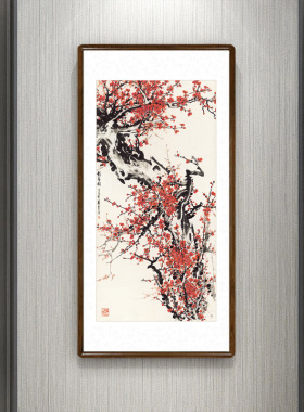 梅花国画有框中式客厅装饰画办公室玄关过道竖版挂画董寿平报春图