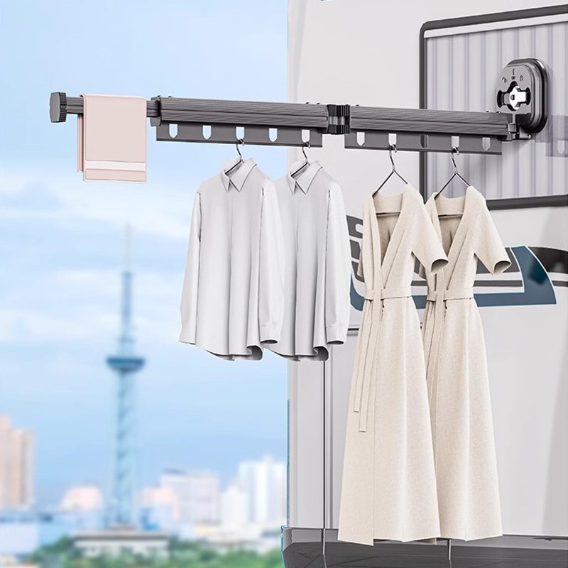 吸盘折叠晾衣架阳台家用免打孔隐形伸缩飘窗台上室内晒衣节省空间 - 图0