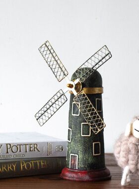 JK慕空间 复古做旧圆顶双色荷兰风车 咖啡厅工业风个性摆件装饰品