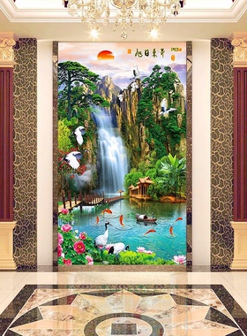 玄关自粘装饰画走廊墙贴画过道楼梯竖版山水贴画风景墙纸防水壁画