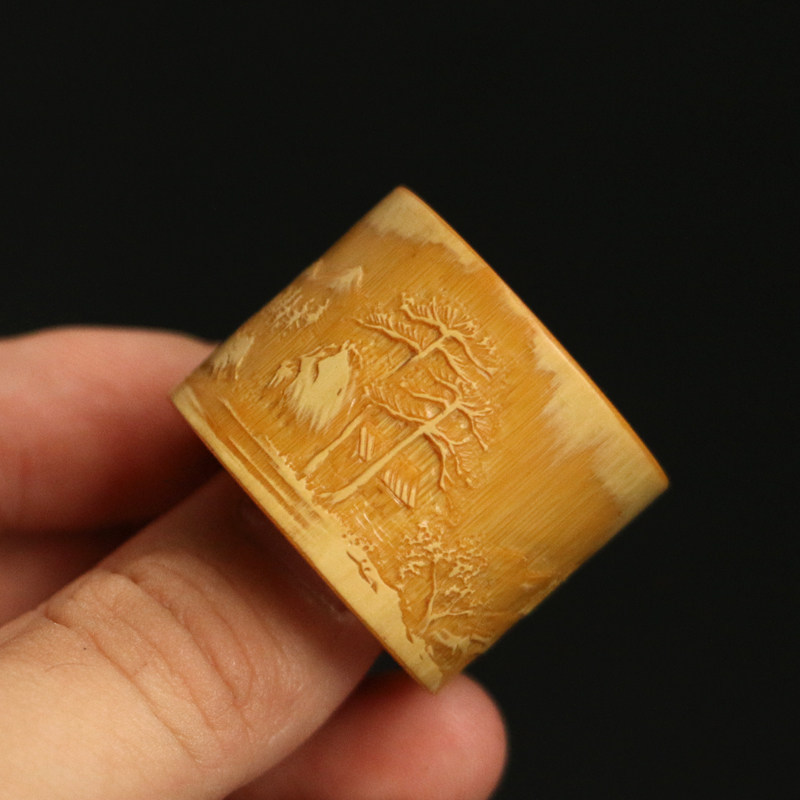 Boutique famous artist Wang Lei's pure handcrafted low-relief landscape and scenery old jade bamboo ring with finger handle and bamboo carving ring
