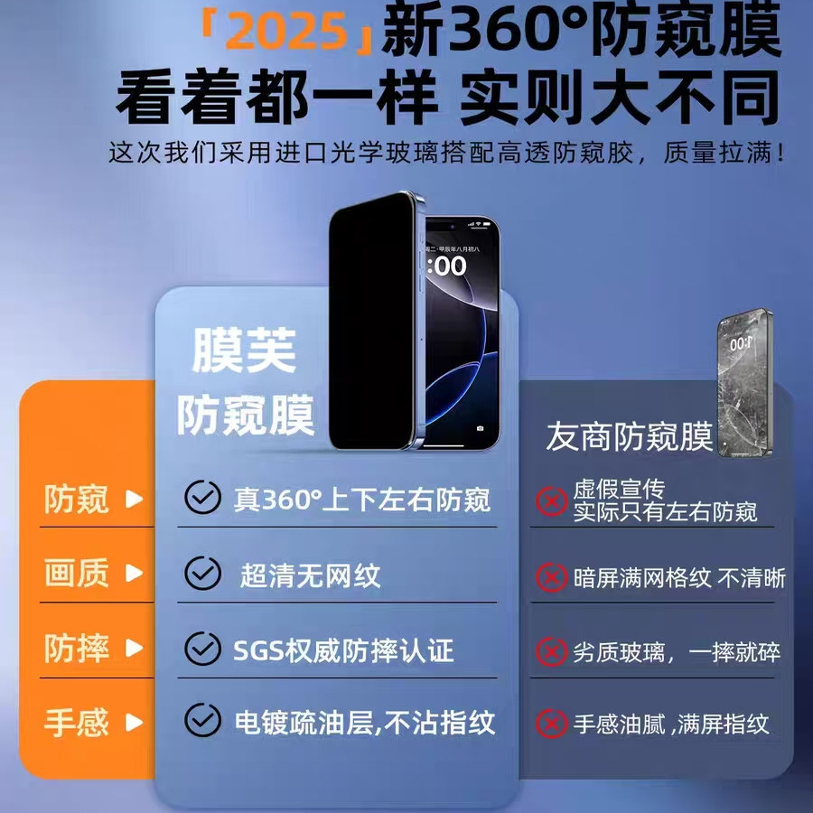 【新360防偷窥】膜芙适用苹果17pro防窥钢化膜iPhone16ProMax手机膜15新款14plus防偷窥13xs12护眼11贴膜Air,淘宝优惠券,粉丝福利购,淘宝优惠卷