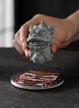 国潮风醒狮青砂石茶宠小摆件鱼缸造景装饰创意招财柿子石狮子瑞兽