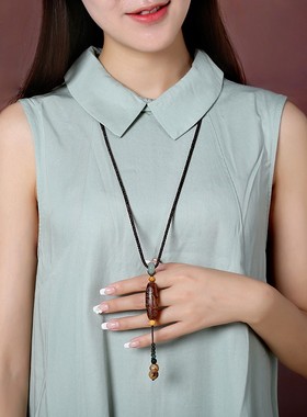 小众设计毛衣链长款复古天珠吊坠女简约百搭挂件配饰民族风项链冬