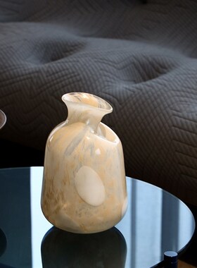 斜口歪脖中古水培亮瓷手工玻璃花瓶摆件大理石玉感家居插花器摆件