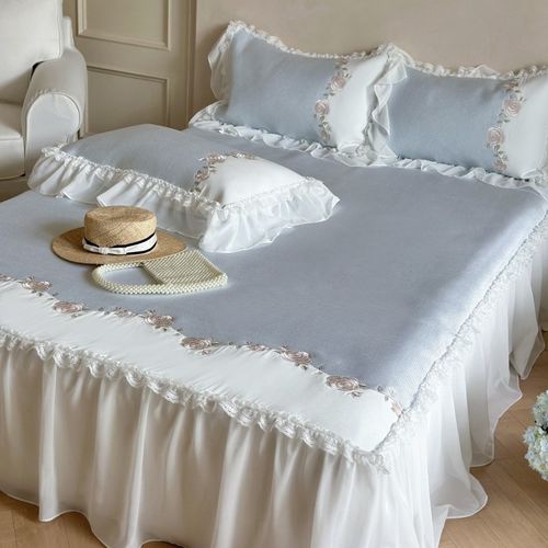 法式小清新加厚植物花卉刺绣公主风蕾丝床裙款冰丝席三件套软席子 - 图1