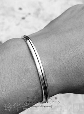高档简约线条手镯999纯银欧潮流男士复美古开口情侣 字定制七夕刻