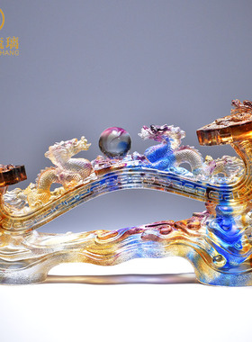 双龙戏珠琉璃如意摆件玻璃艺术品中式风格客厅装饰送国外客户礼品