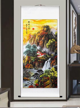 山水画玄关装饰画竖版卷轴画客厅风景画办公室墙壁走廊过道挂画