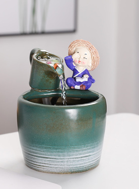 创意小型可爱招财流水生财摆件陶瓷水循环加湿器玄关乔迁开业礼品