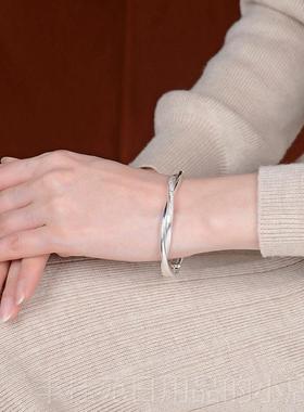 正品刻饰简约手工银绞复古麻花999丝银手镯女个性时烙尚开口纯银