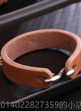 正品宽版手工皮枥木鞍革925银花钉桥覆古高吾郎风格皮菊手环手真