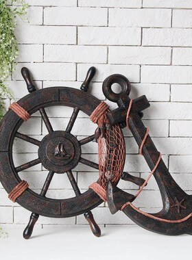 实木船舵轮舵方向盘橱窗摆件挂件彷古舵手组合墙壁装饰品挂饰