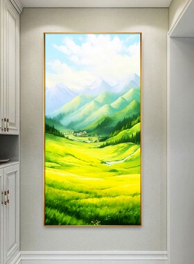 青山绿水挂画东西墙客厅玄关装饰画日照金山聚宝盆绿色风景背景图