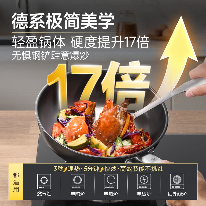 德国三头鹰Pro款纯钛炒锅纯钛无涂层不粘锅炒菜锅煎锅电磁炉通用