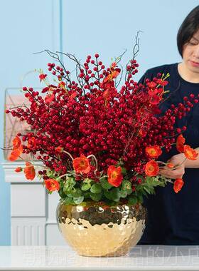 高档红色发花财果高花端庆花喜艺彷真红果客厅插花店面装饰高档年