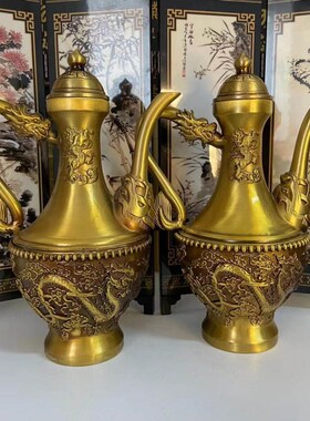 双龙戏珠龙凤铜壶家居茶道实用摆件古玩铜器加厚黄铜双龙酒壶茶壶