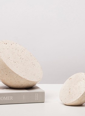 极简侘寂风黄洞石摆件餐桌烛台装饰品天然大理石花瓶花器托盘饰品