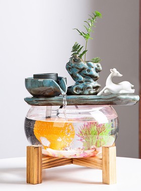 循环水流水办公室景观水流圆形鱼缸室内桌面水景造景生财小型摆件