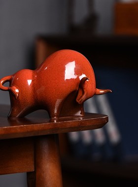 创意牛气冲天陶瓷红色牛摆件中式家居客厅招财装饰吉祥物酒柜摆设