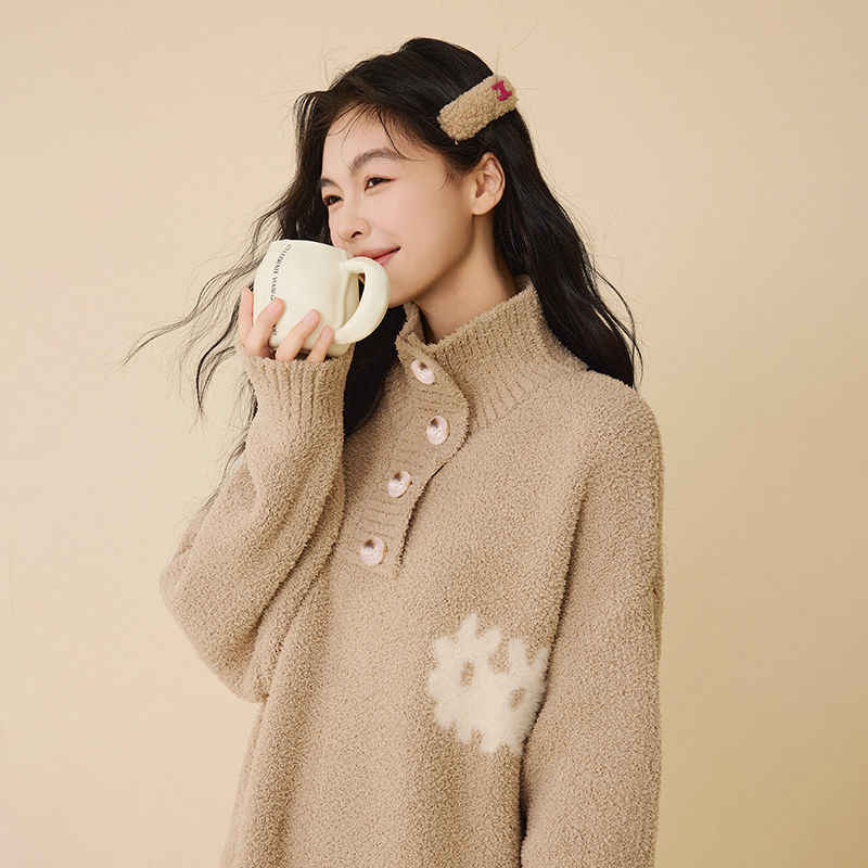 俞兆林女长款秋冬半边绒睡裙保暖时尚家居服翻领可外穿慵懒感睡衣,淘宝优惠券,粉丝福利购,淘宝优惠卷